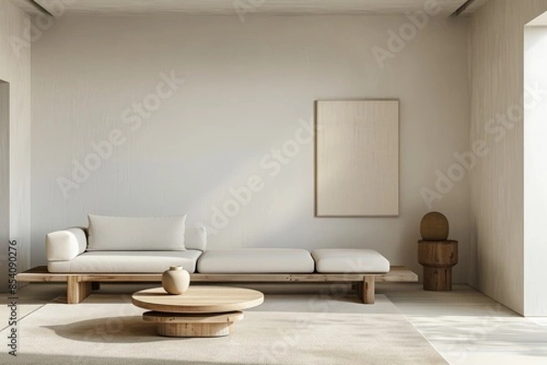 Fototapeta A minimalist living room featuring a neutral color palette, natural light, and a large sofa with a wooden frame