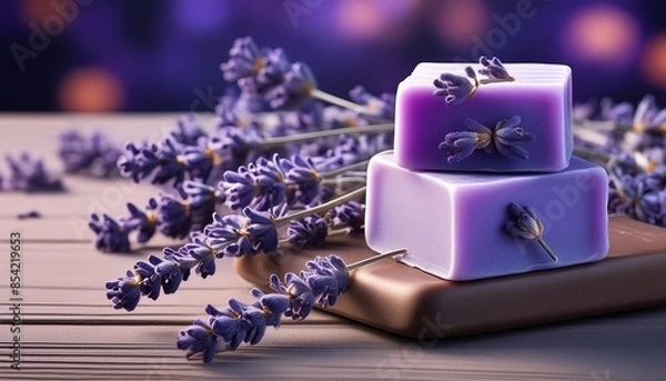 Fototapeta natural lavender soap with lavender flowers on it