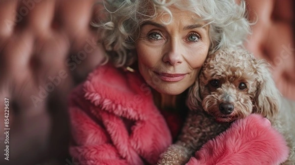 Fototapeta Portrait of a charismatic senior woman and her poodle against a soft background