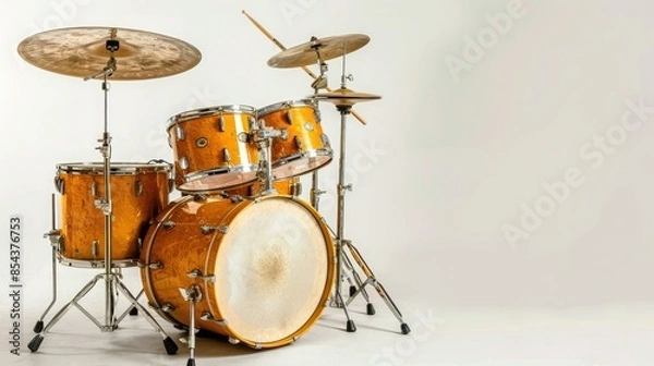 Fototapeta Orange drum set in studio with cymbals on white background. Ideal for music, band, and instrument-related projects.