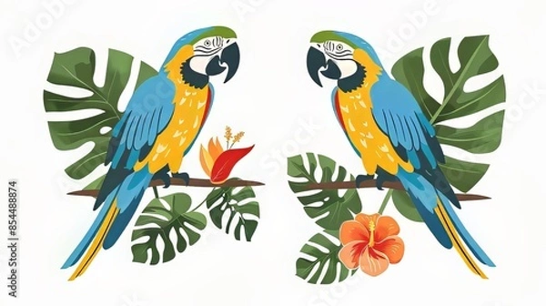 Fototapeta Two Parrots With Tropical Leaves Illustration