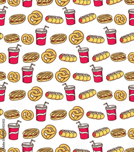 Fototapeta pretzel panini sandwich and soft drink background