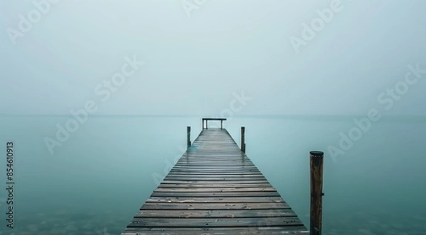 Fototapeta Minimalist Long Exposure of Empty Pier on Serene Lake in Foggy Weather