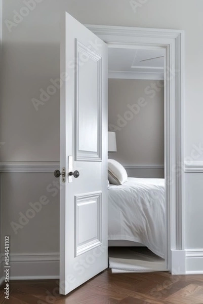 Fototapeta The white door opening to modern bedroom interior 