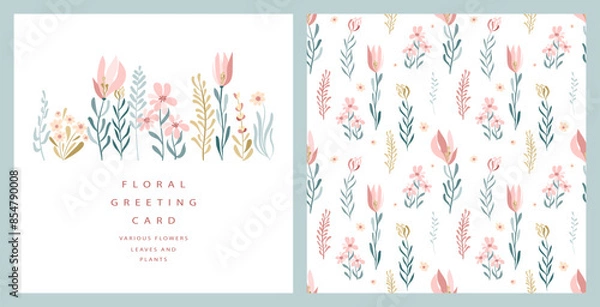 Fototapeta Delicate flowers for your greeting card, discount banner. Postcard template and seamless pattern.Spring,summer.Flat vector illustration