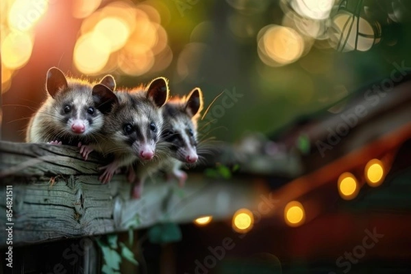 Fototapeta Three adorable baby opossums perched on a wooden fence, illuminated by warm evening lights, amidst a serene natural background.