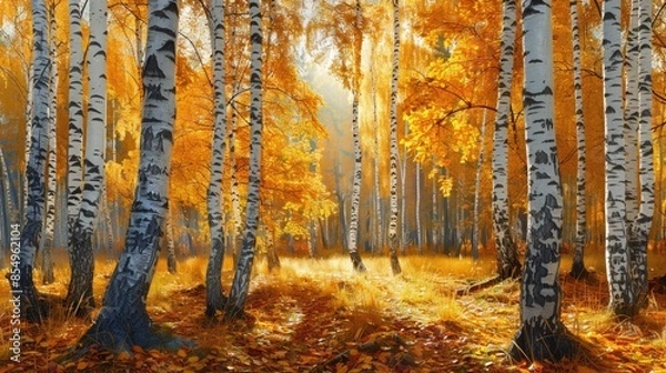 Fototapeta Autumn birch forest, beautiful landscape. Birch tree forest