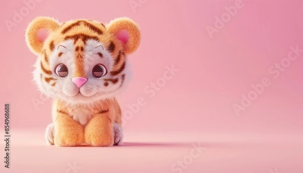 Fototapeta Adorable plush tiger toy against a pink background, perfect for a child's nursery room or baby shower gift.