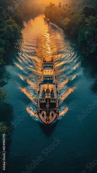 Fototapeta A magnificent aerial shot of a cargo ship cruising through a tranquil river during a breathtaking sunset encapsulates the peace and serenity of travel