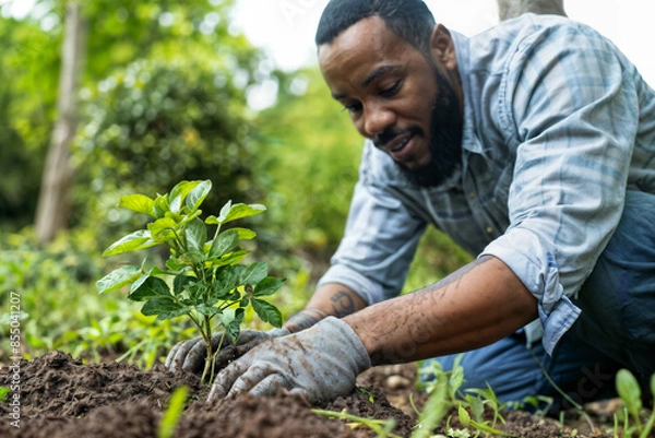 Fototapeta Young Man Planting Tree in Garden