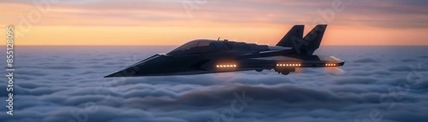 Fototapeta Dynamic image of a futuristic black spacecraft with detailed textures and glowing lights, flying above the clouds, emphasizing its advanced engineering and sleek contours