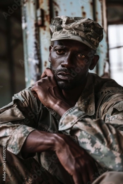 Fototapeta A military personnel sitting on the ground with his uniform on, suitable for use in historical or military-themed projects