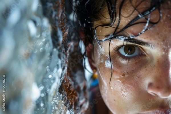 Fototapeta Intense Concentration and Determination on Climber's Face During Challenging Ascent