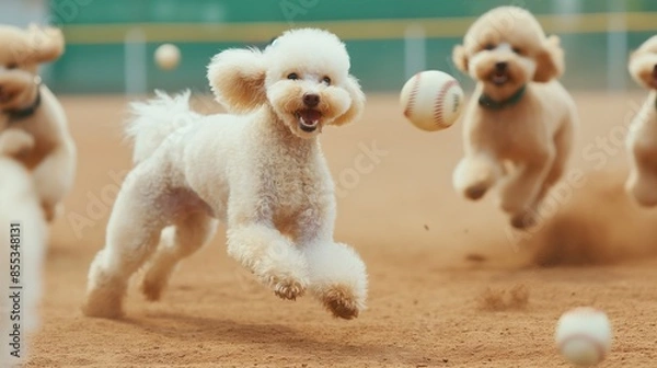 Fototapeta Poodle dogs are playing baseball