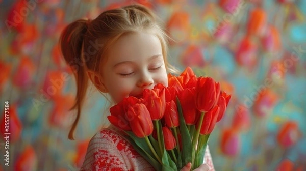 Fototapeta A happy little girl holding a bouquet of red tulips with her eyes closed, enjoying the fragrant flowers against a vibrant background.