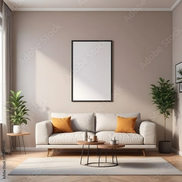 Obraz Frame mockup, ISO A nice paper size. beautiful Living room wall poster mockup. Interior mockup with house background. Modern interior in white sofa sat design. 3D render




