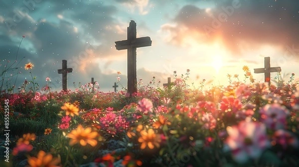 Fototapeta A detailed image of wooden crosses against a backdrop of wildflowers, capturing a rustic, country feel. The weathered crosses are surrounded by a sea of colorful blooms in a sunlit meadow.