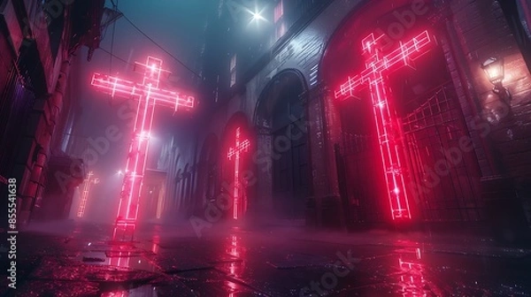 Fototapeta Neon crosses glowing brightly on a foggy, gothic-inspired background. The scene features eerie mist, dark gothic architecture, and vibrant neon crosses, creating a striking contrast