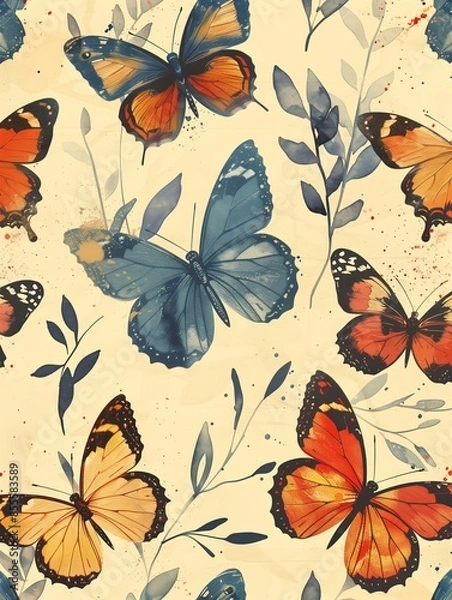 Fototapeta butterfly Seamless pattern, vintage watercolor