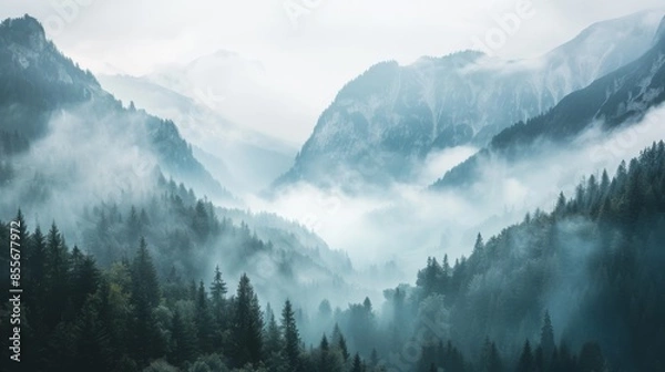 Fototapeta Mountains landscape with fog and forest. Background illustration generated by ai