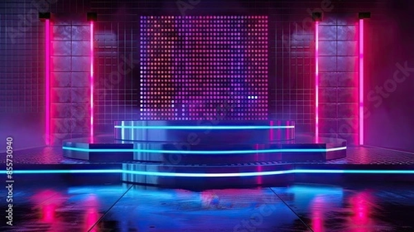 Fototapeta High energy podium stage with neon lights and a dotted backdrop, perfect for vibrant events and tech presentations