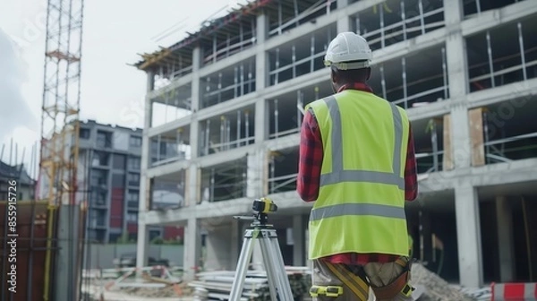 Fototapeta construction engineer in safety gear surveying building site progress rear view