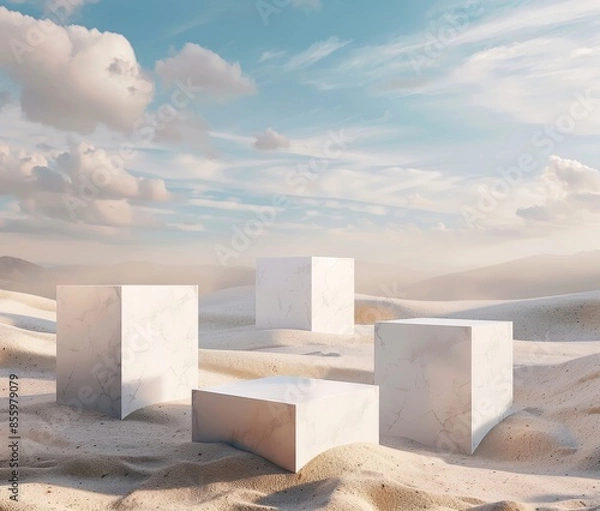 Fototapeta The background consists of an abstract modern minimal background with a podium, a blue sky, soft clouds, and white sand in a 3D rendering.