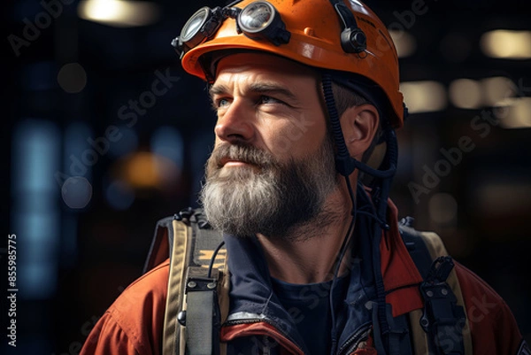 Fototapeta A rugged, bearded worker in a helmet and safety gear gazes thoughtfully into the distance, symbolizing determination and resilience in an industrial setting.