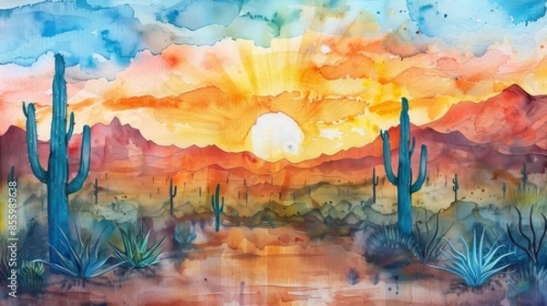 Fototapeta A watercolor painting of a desert landscape at sunset, featuring cacti and agave plants in the foreground, with a large sun in the background.