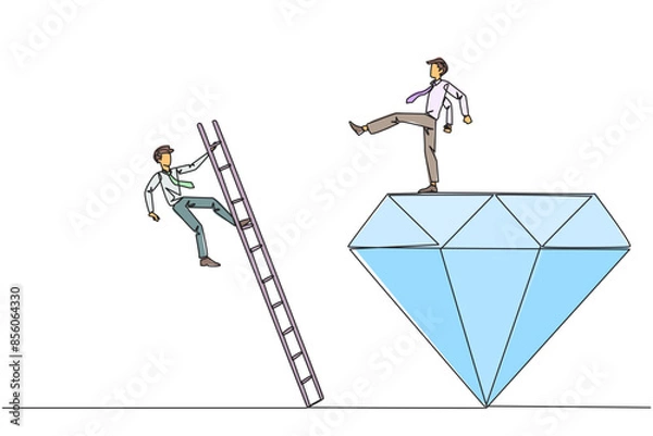 Fototapeta Single continuous line drawing businessman kicks rival who is climbing the diamond with a ladder. Knocking rival down from achieving a glorious position together. One line design vector illustration