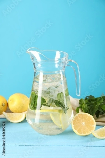 Fototapeta Refreshing lemonade with mint in jug and ingredients on light blue wooden table