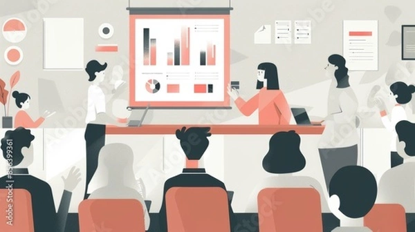 Fototapeta A flat illustration, people in a meeting space, a person is the leader explaining the strategy using a presentation display, people around him standing up participating in the conversation, brainstorm