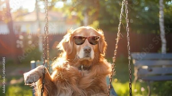 Fototapeta dog wearing sunglasses on a swing