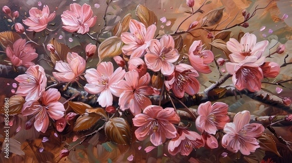 Fototapeta Dynamic oil painting of blooming cherry blossoms, applied freehand on canvas, ideal for creating a spring-themed wallpaper or print.