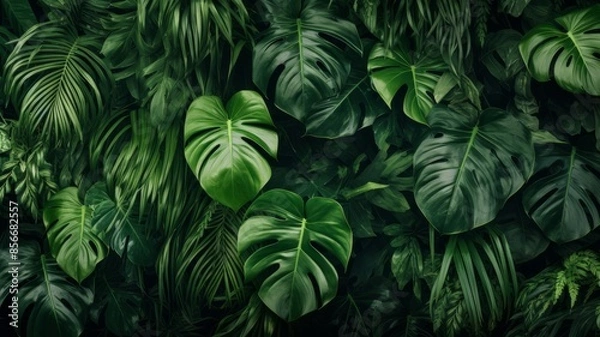 Fototapeta Green leaves of Monstera philodendron plant growing in wild, the tropical forest plant, evergreen vines green color.