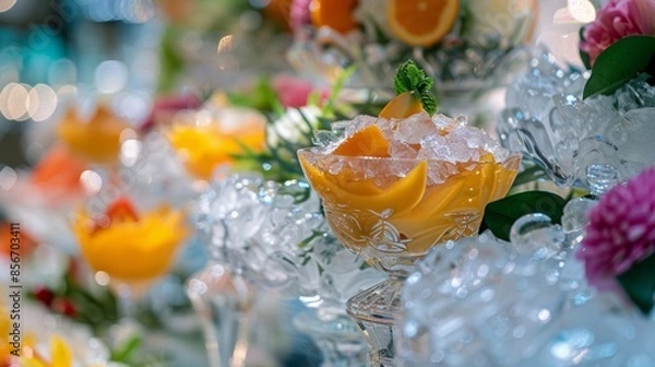 Fototapeta The dessert table is brought to life with a variety of ice sculptures including a mangoshaped bowl filled with sweet tropical sorbet.