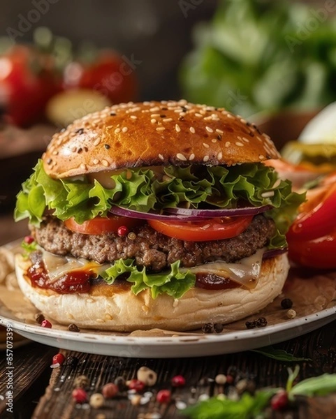 Obraz Burger on a plate on wooden table.