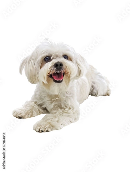 Fototapeta Full body shot of Maltese dog, lying down, smiling.