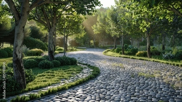 Fototapeta Shaded cobblestone path with trees