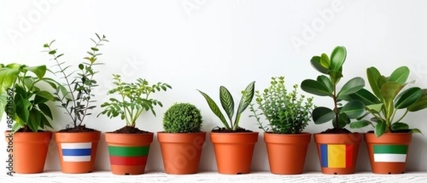 Fototapeta Green leafy plants in terracotta pots, each pot featuring a different country flag, 8k uhd, bright natural light, white background, ample copy space