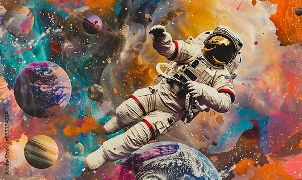 Fototapeta A contemporary collage featuring an astronaut floating amidst vibrantly colored planets, blending surrealism with cosmic wonder