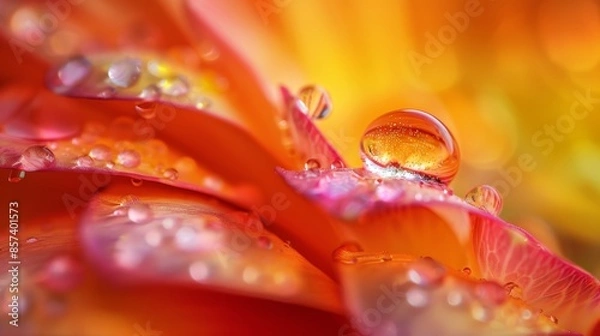 Fototapeta  A macro shot of a flower with dew drops on its petals against a yellow and red backdrop