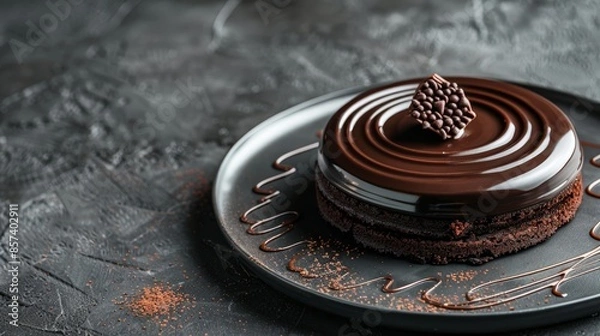 Fototapeta  A chocolate cake sits atop a plate, which rests on a black one, placed on a table