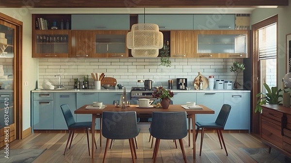 Fototapeta A chic mid-century modern kitchen featuring blue, purple, and hazel-colored kitchen cabinets, grounded by a wooden dining table.