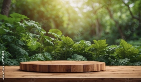 Fototapeta Round wooden platform amidst dense green forest plants.