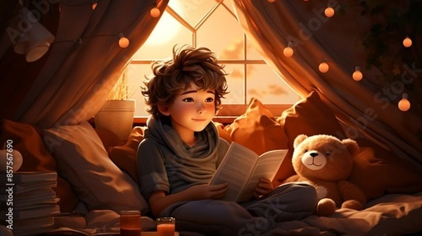 Fototapeta A teen boy sitting in a cozy nook with a book, surrounded by soft cushions and warm lighting, showing the importance of a peaceful space for relaxation. Illustration, Minimalism,