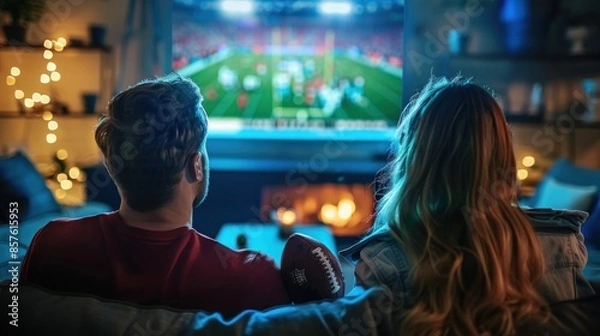 Fototapeta Couple Enjoying a Game on TV, Back View