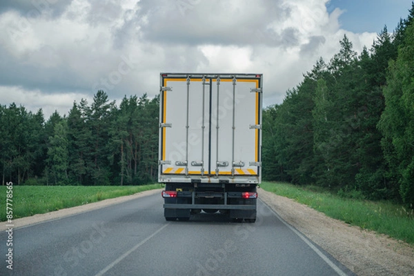 Fototapeta White truck with a white trailer for advertising on the highway among beautiful nature, forest and sky