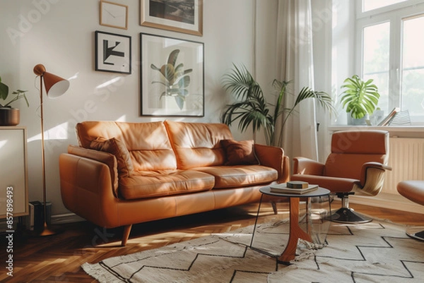 Fototapeta photo of brown sofa and recliner chair with plants in a scandinavian clean and minimalist living room apartment and design interior furniture