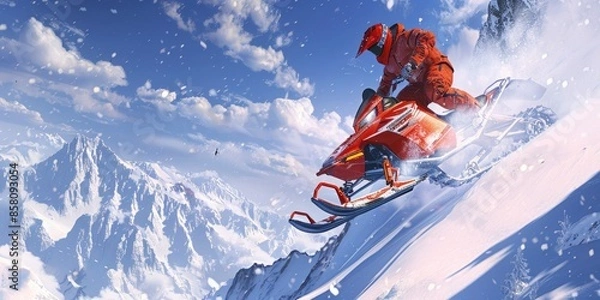 Fototapeta Stylized Snowmobile Rider on Snowy Slope